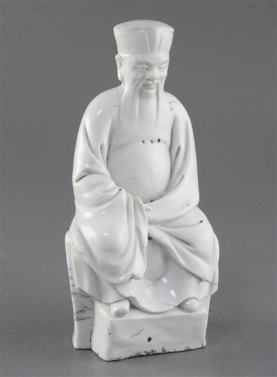 A Chinese Dehua blanc de chine seated figure of a sage, 17th century, height 20.5cm, typical firing imperfections